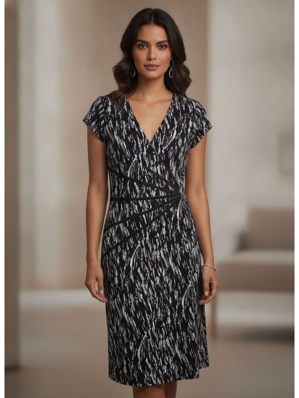 Connected Apparel Black White Printed Dress S 12 V Neck Short Sleeve Knee Length